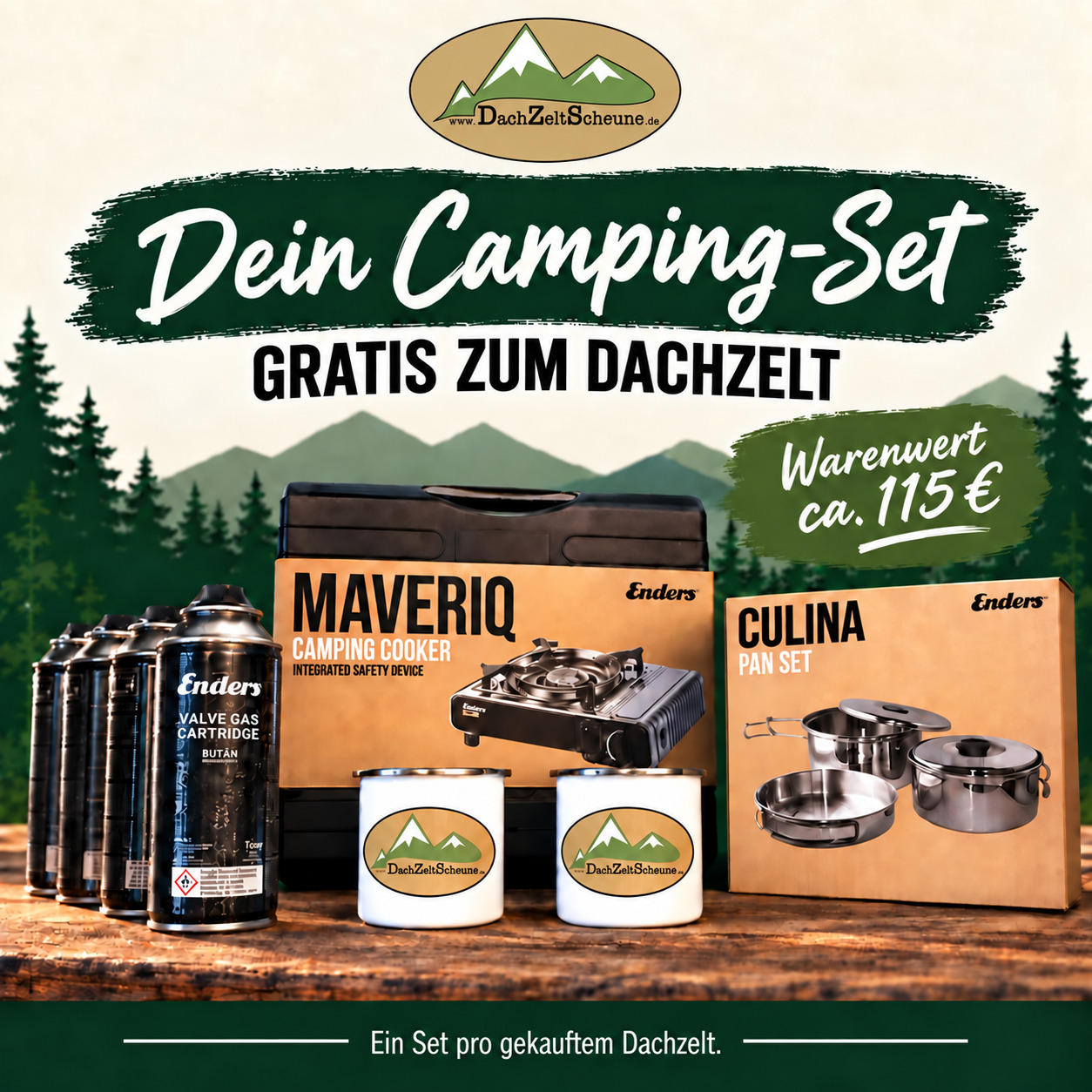 Camping-Set mit MAVERIQ, vier Kartuschen, CULINA Kochgeschirr und zwei Emailletassen – gratis zum Dachzelt, Warenwert ca. 115 Euro